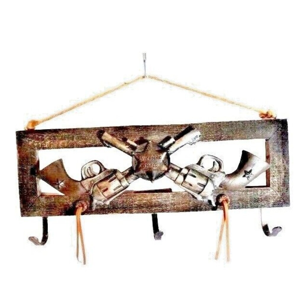 Western Metal Hooks Wall Decor Sheriffs Badge Star Guns Cast Iron Wood Gift NEW